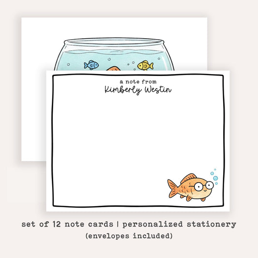 Personalized Fish Bowl Stationery Set • Custom Name Flat Notecards • Cute Goldfish Thank You Cards • Fish Lover Gift • Set of 12
