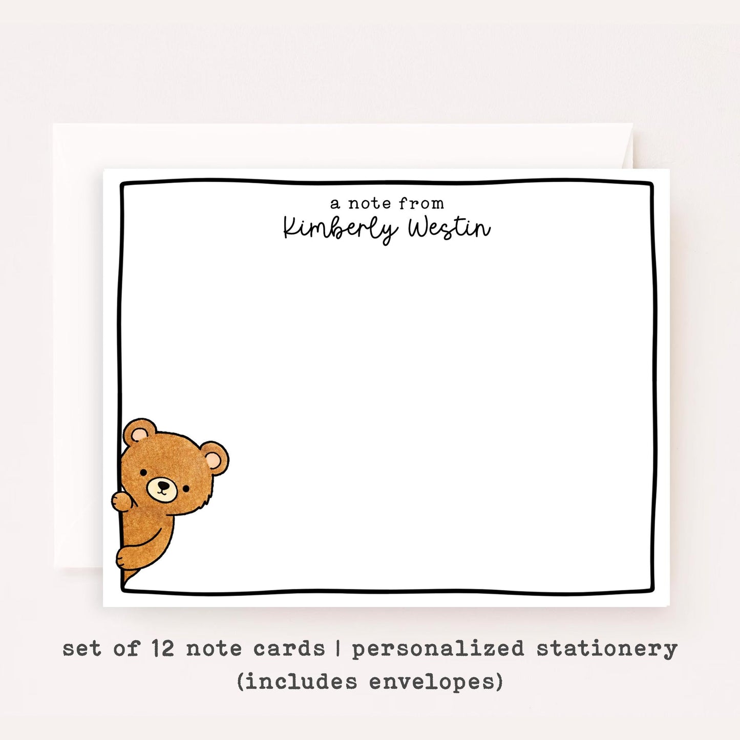 Personalized Teddy Bear Stationery Set • Custom Name Flat Notecards • Cute Teddy Bear Thank You Cards • Kids Stationery Gift • Set of 12
