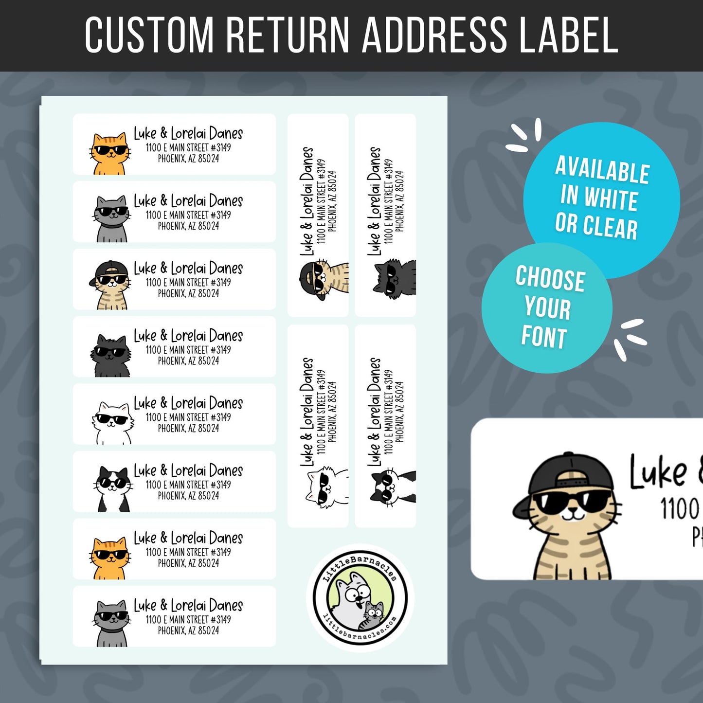 Cool Cat Return Address Labels • Personalized Mailing Stickers • Custom Cat Address Labels
