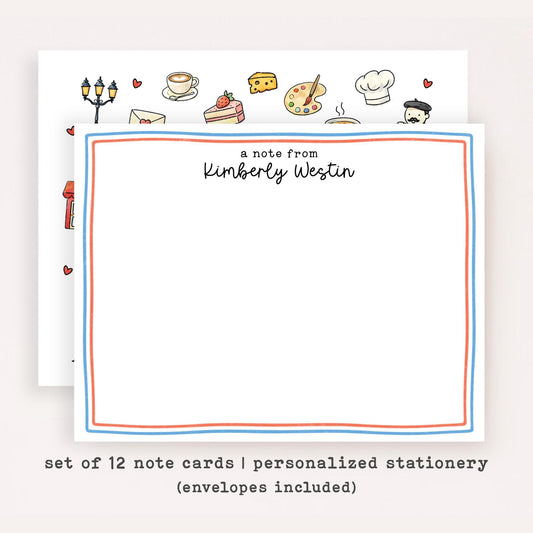 Personalized Parisian France Stationery • Custom Name Notecard Set of 12 • French Thank You Cards • Cute Paris Gift • Flat Note Cards