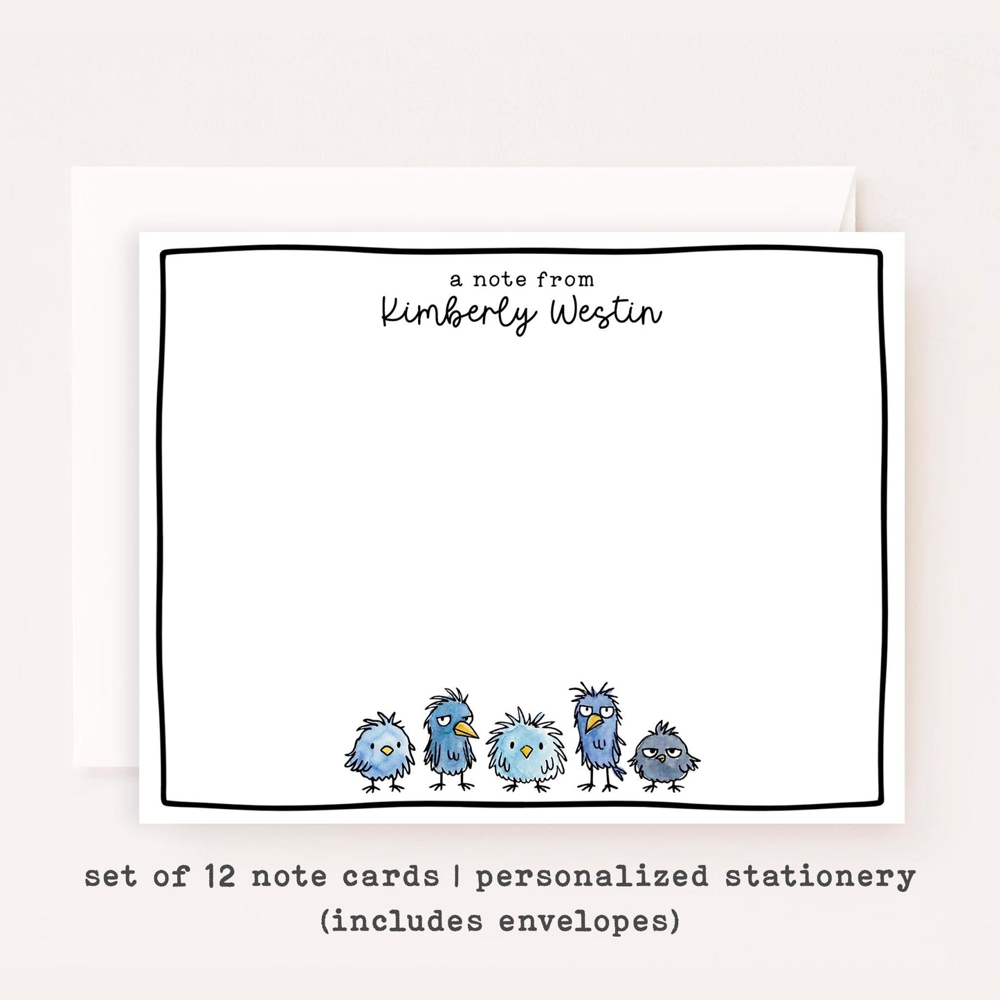 Personalized Scruffy Bird Stationery Set • Custom Name Flat Notecards • Cute Bird Thank You Cards • Bird Lover Gift • Set of 12