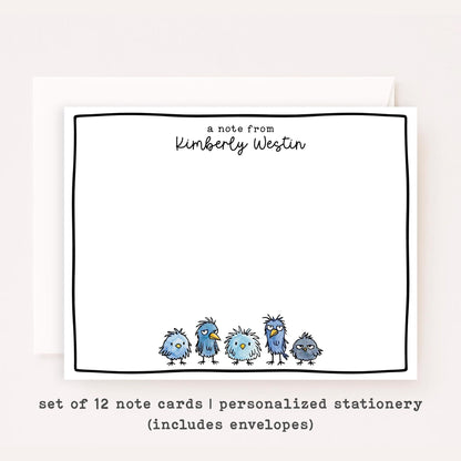 Personalized Scruffy Bird Stationery Set • Custom Name Flat Notecards • Cute Bird Thank You Cards • Bird Lover Gift • Set of 12