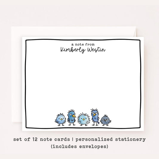 Personalized Scruffy Bird Stationery Set • Custom Name Flat Notecards • Cute Bird Thank You Cards • Bird Lover Gift • Set of 12