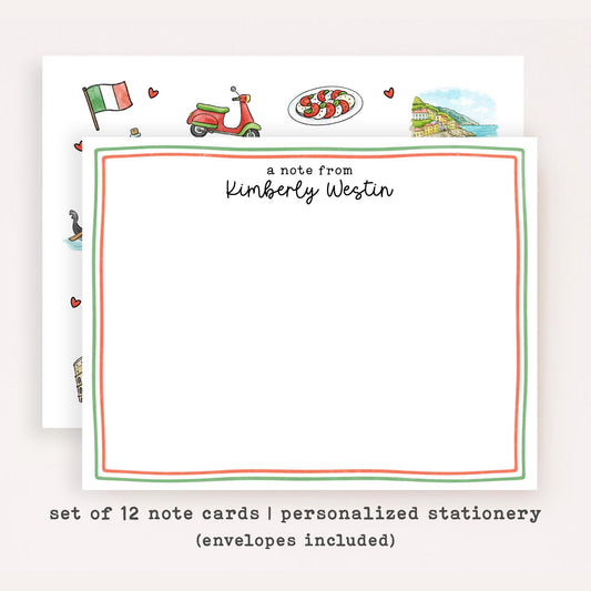 Personalized Italy Stationery • Custom Name Notecard Set of 12 • Italian Thank You Cards • Cute Travel Stationery Gift • Flat Note Cards