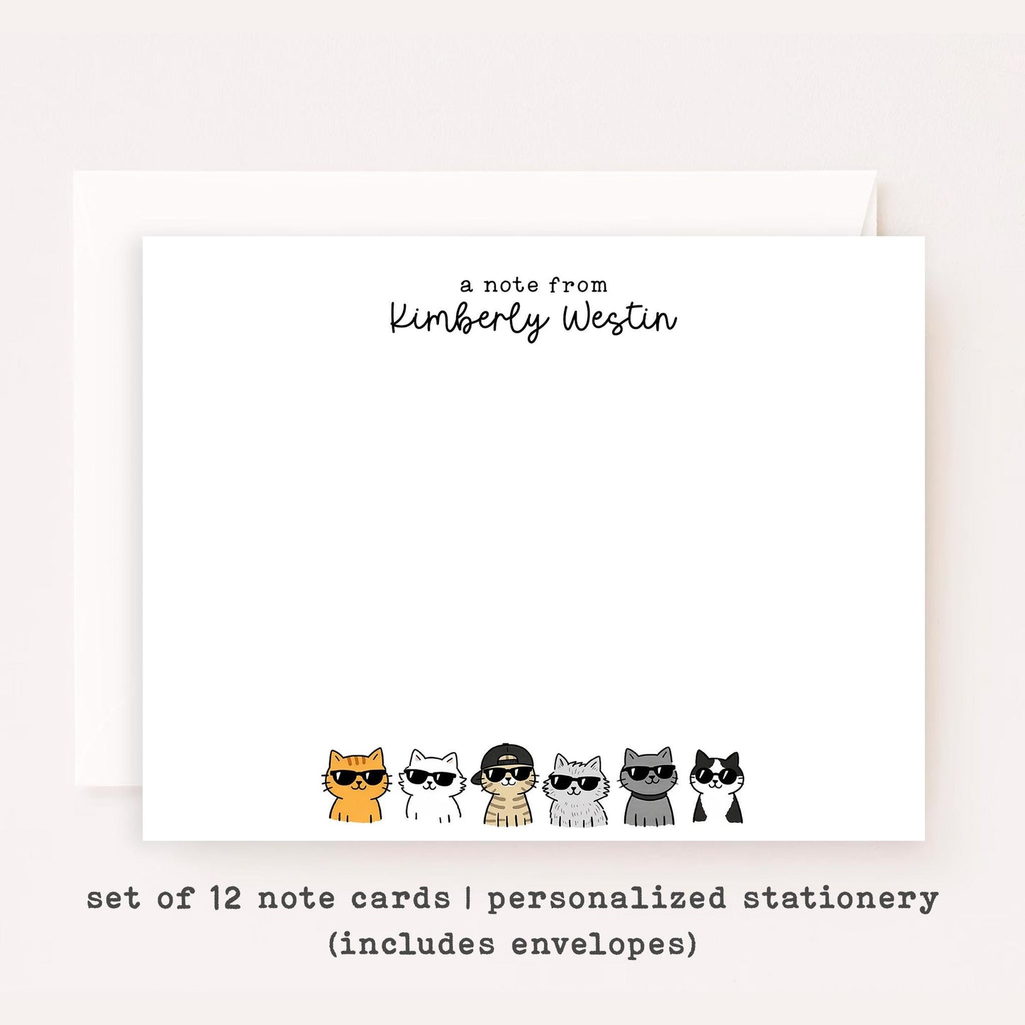 Personalized Cool Cat Stationery • Custom Notecard Set of 12 • Flat Thank You Cards • Custom Name Note Cards • Cat Lover Gift