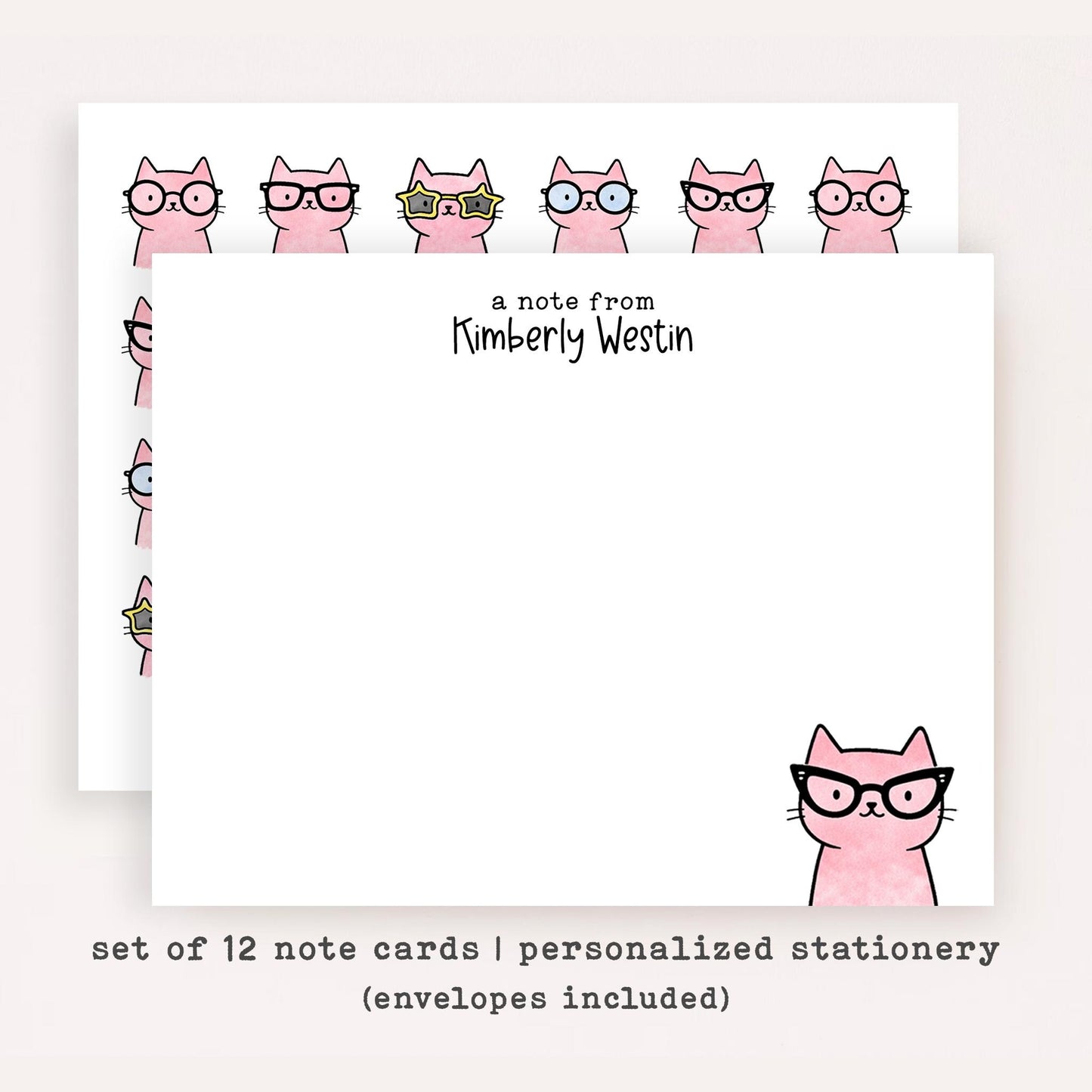 Personalized Pink Cat Stationery Set • Custom Name Flat Notecards • Cute Cat Thank You Cards • Cat Lover Gift • Set of 12