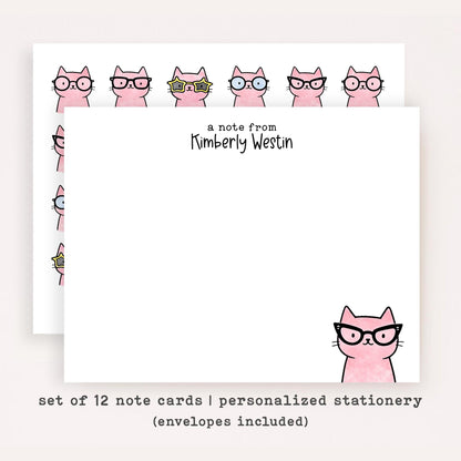 Personalized Pink Cat Stationery Set • Custom Name Flat Notecards • Cute Cat Thank You Cards • Cat Lover Gift • Set of 12
