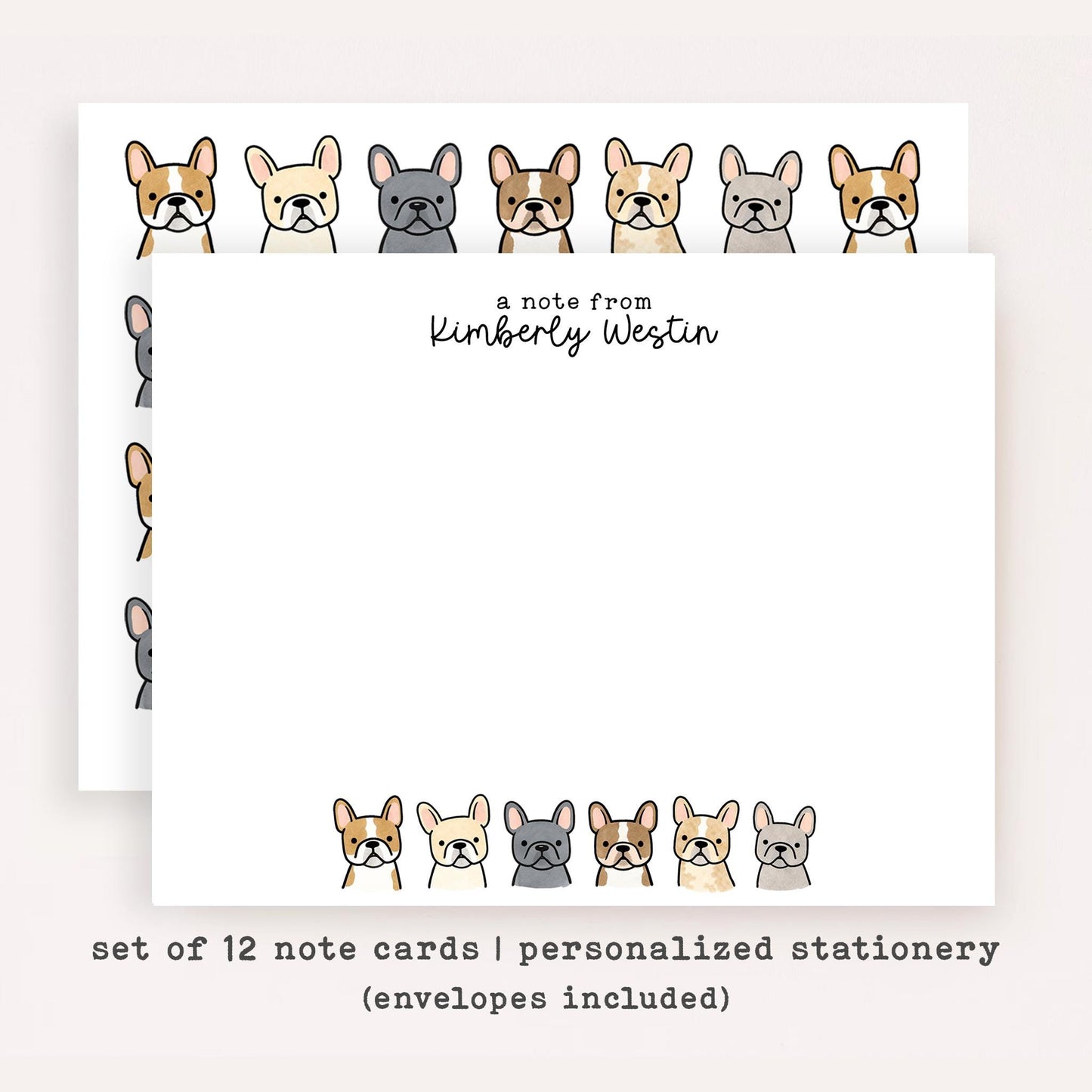 Personalized French Bulldog Stationery • Frenchie Notecard Set • Custom Name Note Cards • Dog Thank You Cards • Frenchie Gift Set of 12