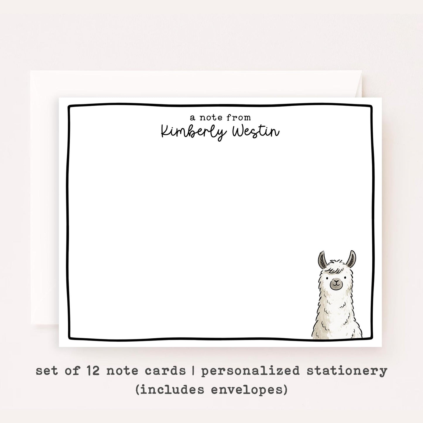 Personalized Llama Stationery • Cute Llama Notecard Set • Custom Name Note Cards • Thank You Cards • Llama Gift Set of 12