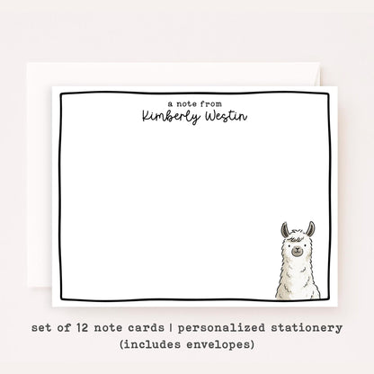 Personalized Llama Stationery • Cute Llama Notecard Set • Custom Name Note Cards • Thank You Cards • Llama Gift Set of 12