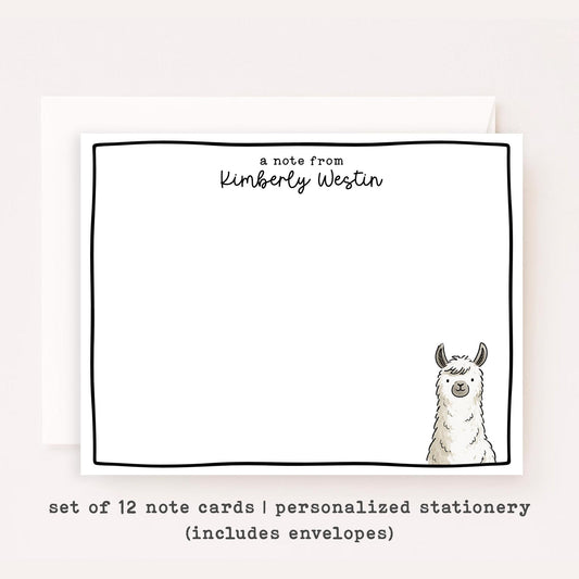 Personalized Llama Stationery • Cute Llama Notecard Set • Custom Name Note Cards • Thank You Cards • Llama Gift Set of 12