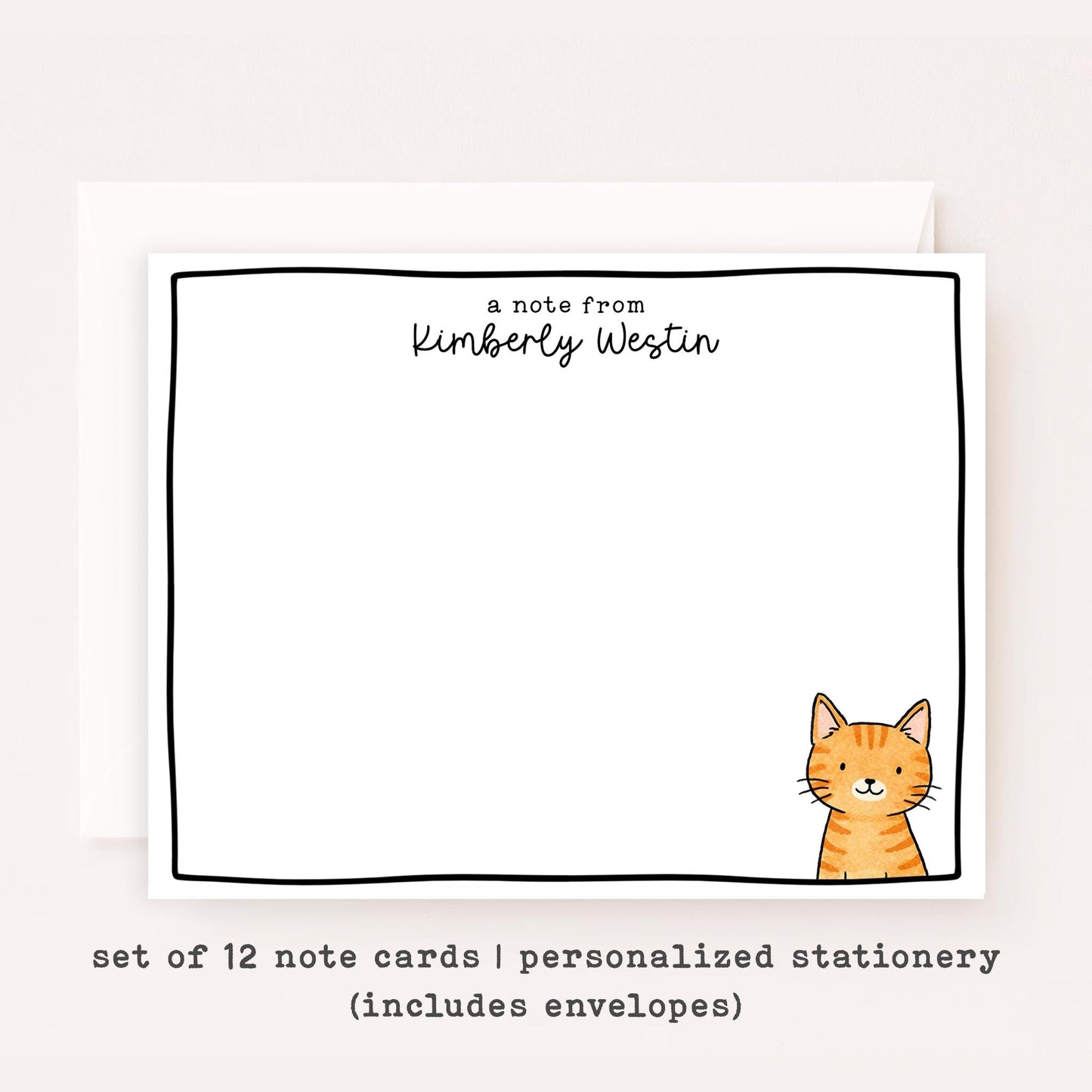 Personalized Orange Tabby Cat Stationery • Custom Notecard Set of 12 • Flat Thank You Cards • Custom Name Note Cards • Ginger Cat Lover Gift