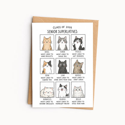 Funny Cat Graduation Card • Senior Superlatives Yearbook Card • Congrats Grad • High School or College Grad • Cat Lover Gift