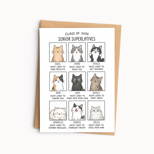 Funny Cat Graduation Card • Senior Superlatives Yearbook Card • Congrats Grad • High School or College Grad • Cat Lover Gift