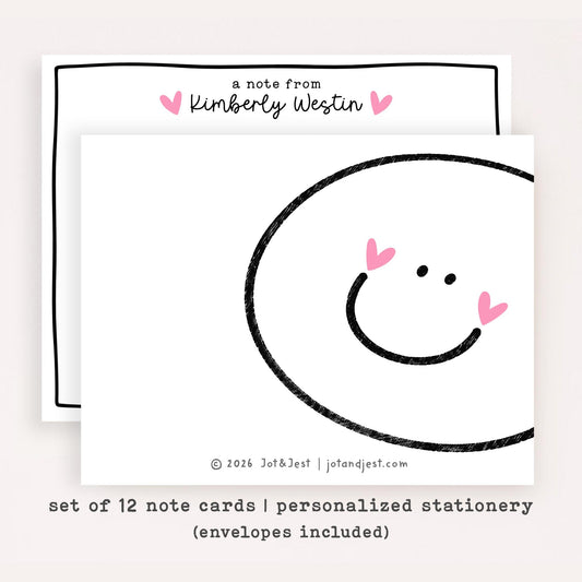 Personalized Smiley Face Stationery • Happy Face Notecard Set • Custom Name Note Cards • Thank You Cards • Cute Minimal Set of 12