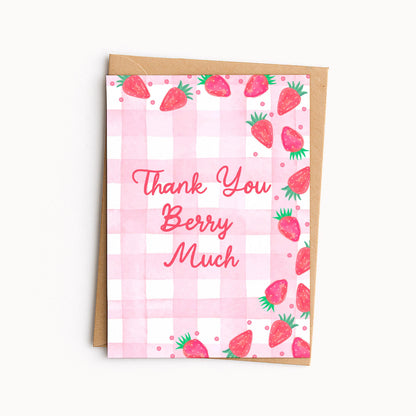 Thank You Berry Much Card • Cute Strawberry Thank You Card • Pink Strawberry Card • Summer Greeting Card • Gratitude Card