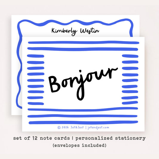 Personalized Bonjour Stationery • Parisian French Notecard Set • Custom Name Note Cards • Bonjour Thank You Cards • Set of 12