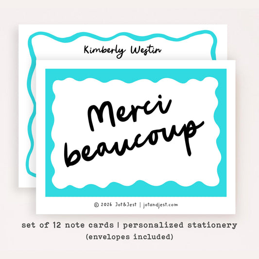Personalized Merci Beaucoup Stationery • Parisian French Notecard Set • Custom Name Note Cards • Merci Thank You Cards • Set of 12