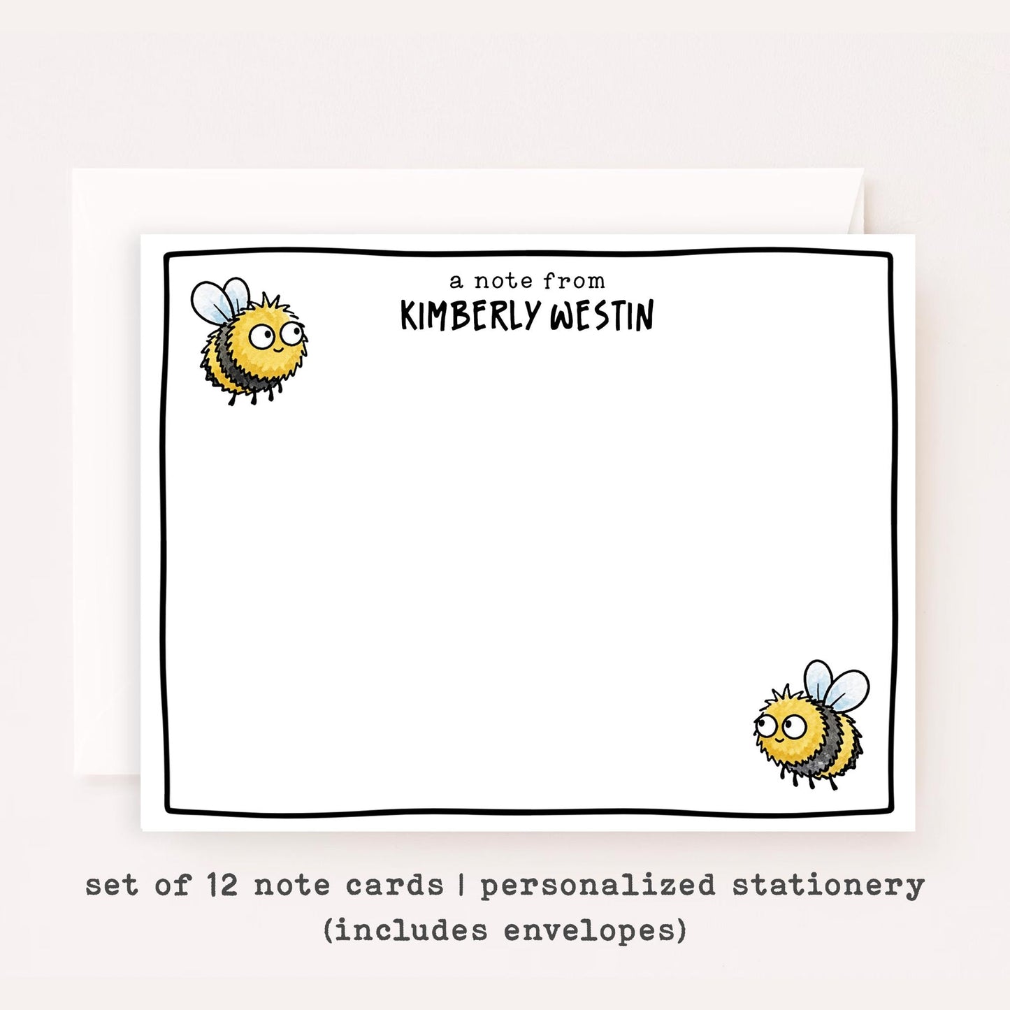 Personalized Bee Stationery Set • Custom Name Flat Notecards • Cute Bee Thank You Cards • Monogram Stationery • Set of 12