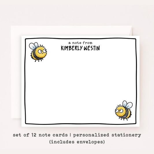 Personalized Bee Stationery Set • Custom Name Flat Notecards • Cute Bee Thank You Cards • Monogram Stationery • Set of 12