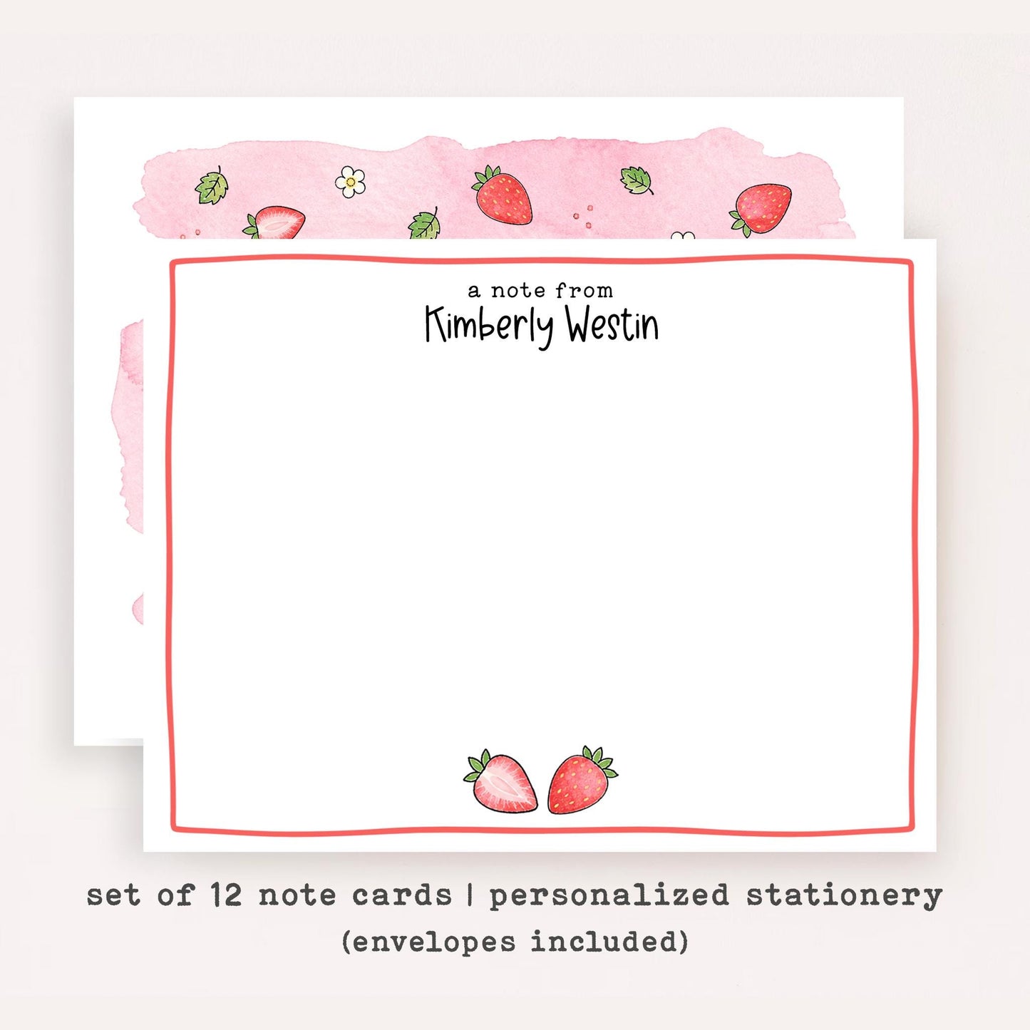Personalized Pink Strawberry Stationery Set • Custom Name Flat Notecards • Cute Strawberry Thank You Cards • Set of 12