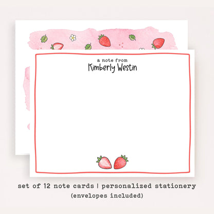 Personalized Pink Strawberry Stationery Set • Custom Name Flat Notecards • Cute Strawberry Thank You Cards • Set of 12