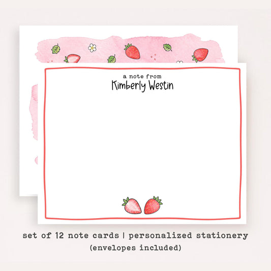 Personalized Pink Strawberry Stationery Set • Custom Name Flat Notecards • Cute Strawberry Thank You Cards • Set of 12