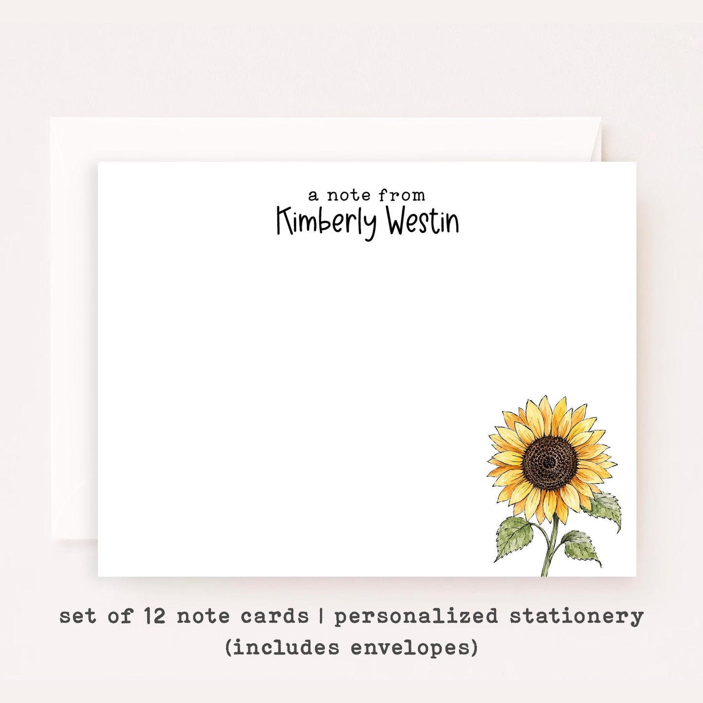 Personalized Sunflower Stationery • Watercolor Sunflower Notecard Set • Custom Name Note Cards • Thank You Cards • Floral Set of 12