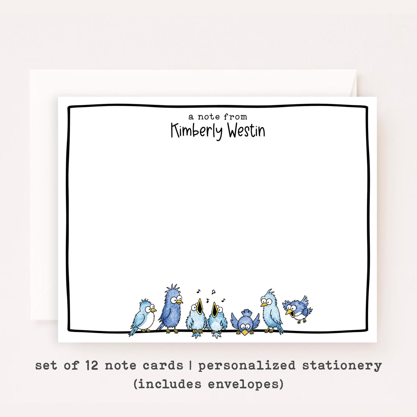 Personalized Bird Stationery Set • Custom Name Flat Notecards • Cute Bird Thank You Cards • Monogram Stationery • Set of 12