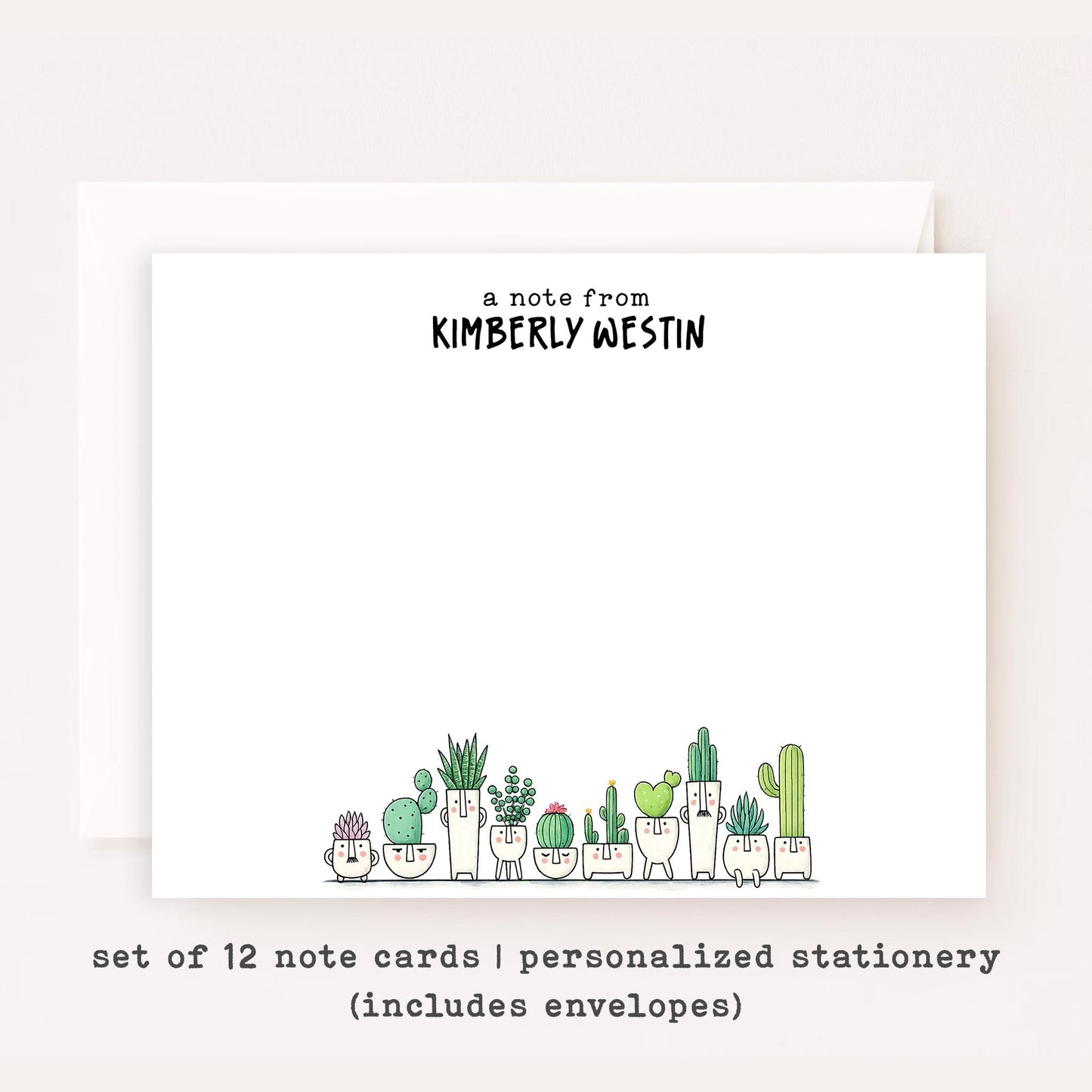 Personalized Succulent Stationery Set • Custom Name Flat Notecards • Cute Plant Thank You Cards • Plant Lover Gift • Set of 12