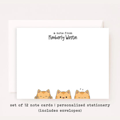 Personalized Orange Tabby Cat Stationery • Cute Orange Cat Notecard Set • Custom Name Note Cards • Cat Thank You Cards • Set of 12