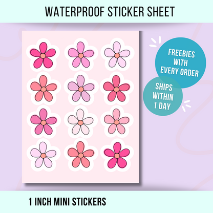 Mini Pink Flower Sticker Sheet • Waterproof Planner Stickers • Cute Floral Stickers • Small Botanical Decals • Journal Calendar Stickers