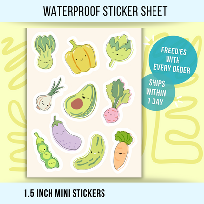Mini Veggie Sticker Sheet • Cartoon Vegetable Stickers • Cute Food Vinyl Decals • Funny Vegan Stickers • Planner Laptop Water Bottle
