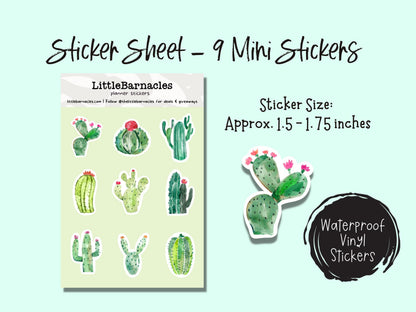 Mini Cactus Sticker Sheet • Waterproof Vinyl Cactus Stickers • Cute Succulent Decals • Small Plant Stickers • Planner Water Bottle