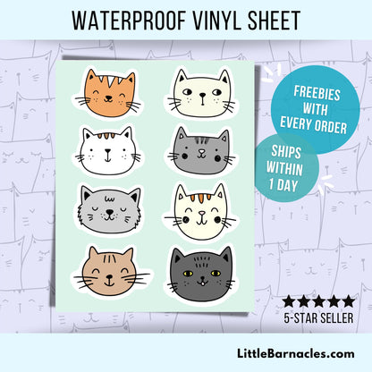 Mini Cat Sticker Sheet • Cute Cat Face Vinyl Stickers • Waterproof Cat Lover Gift • Small Laptop Water Bottle Stickers