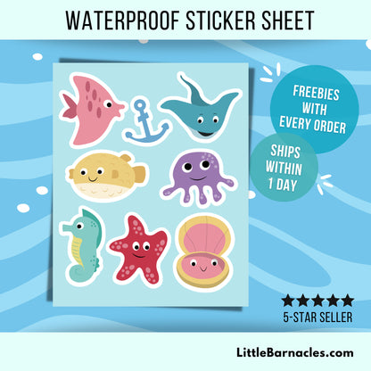 Mini Sea Creature Sticker Sheet • Waterproof Vinyl Aquatic Stickers • Cute Ocean Animal Decals • Laptop Water Bottle Planner Stickers