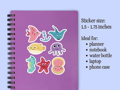 Mini Sea Creature Sticker Sheet • Waterproof Vinyl Aquatic Stickers • Cute Ocean Animal Decals • Laptop Water Bottle Planner Stickers