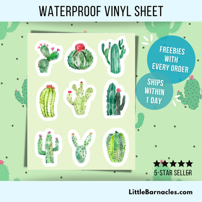 Mini Cactus Sticker Sheet • Waterproof Vinyl Cactus Stickers • Cute Succulent Decals • Small Plant Stickers • Planner Water Bottle