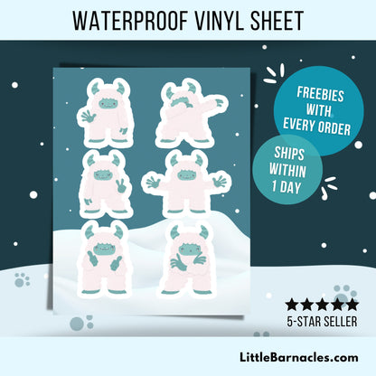 Mini Yeti Sticker Sheet • Waterproof Vinyl Snowman Stickers • Funny Winter Cartoon Decals • Cute Cryptid Stickers • Laptop Water Bottle