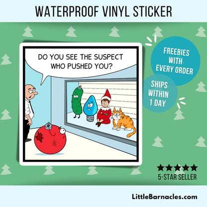 Christmas Cat Criminal Sticker • Funny Orange Cat Cartoon • Holiday Cat Humor Sticker • Waterproof Vinyl Cat Decal • Cat Lover Gift