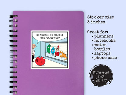 Christmas Cat Criminal Sticker • Funny Orange Cat Cartoon • Holiday Cat Humor Sticker • Waterproof Vinyl Cat Decal • Cat Lover Gift