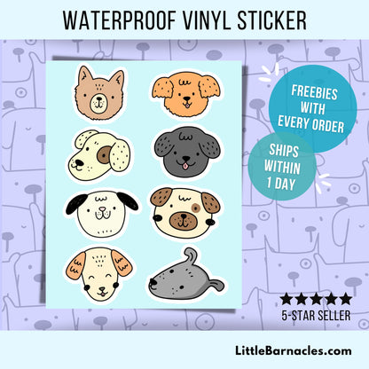 Mini Dog Sticker Sheet • Cute Dog Face Vinyl Stickers • Waterproof Dog Lover Gift • Small Puppy Stickers • Laptop Water Bottle